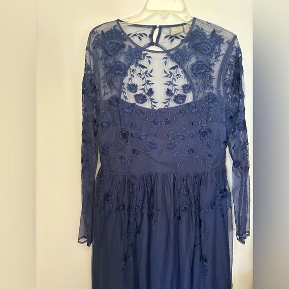 ASOS Navy lace sheer floral long sleeve long dress  cutout back size 12 - Picture 12 of 13